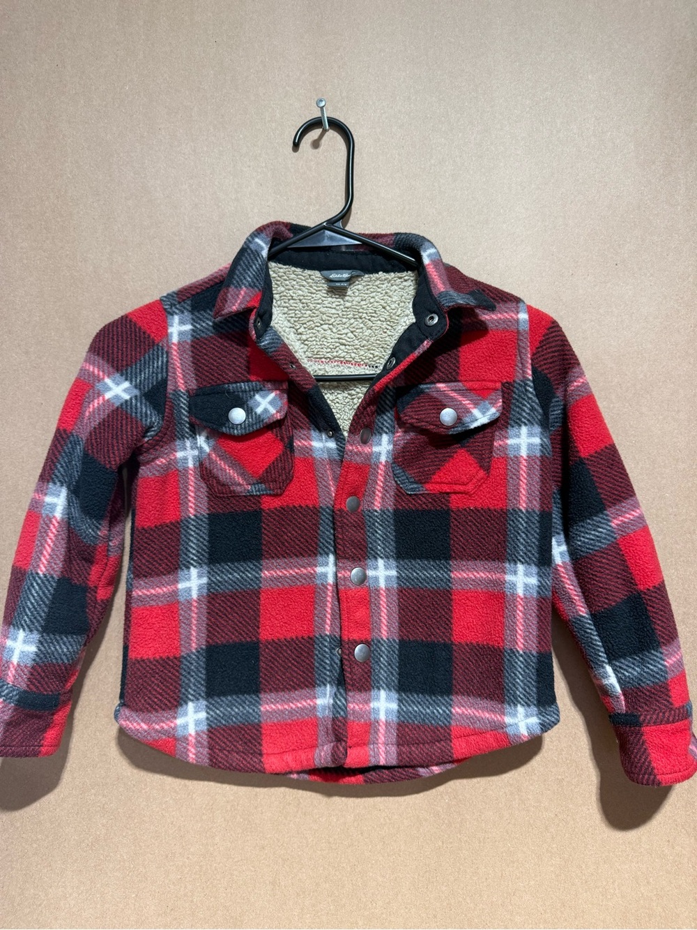 Eddie Bauer Red Black White Plaid Sherpa-Lined Shirt Jacket